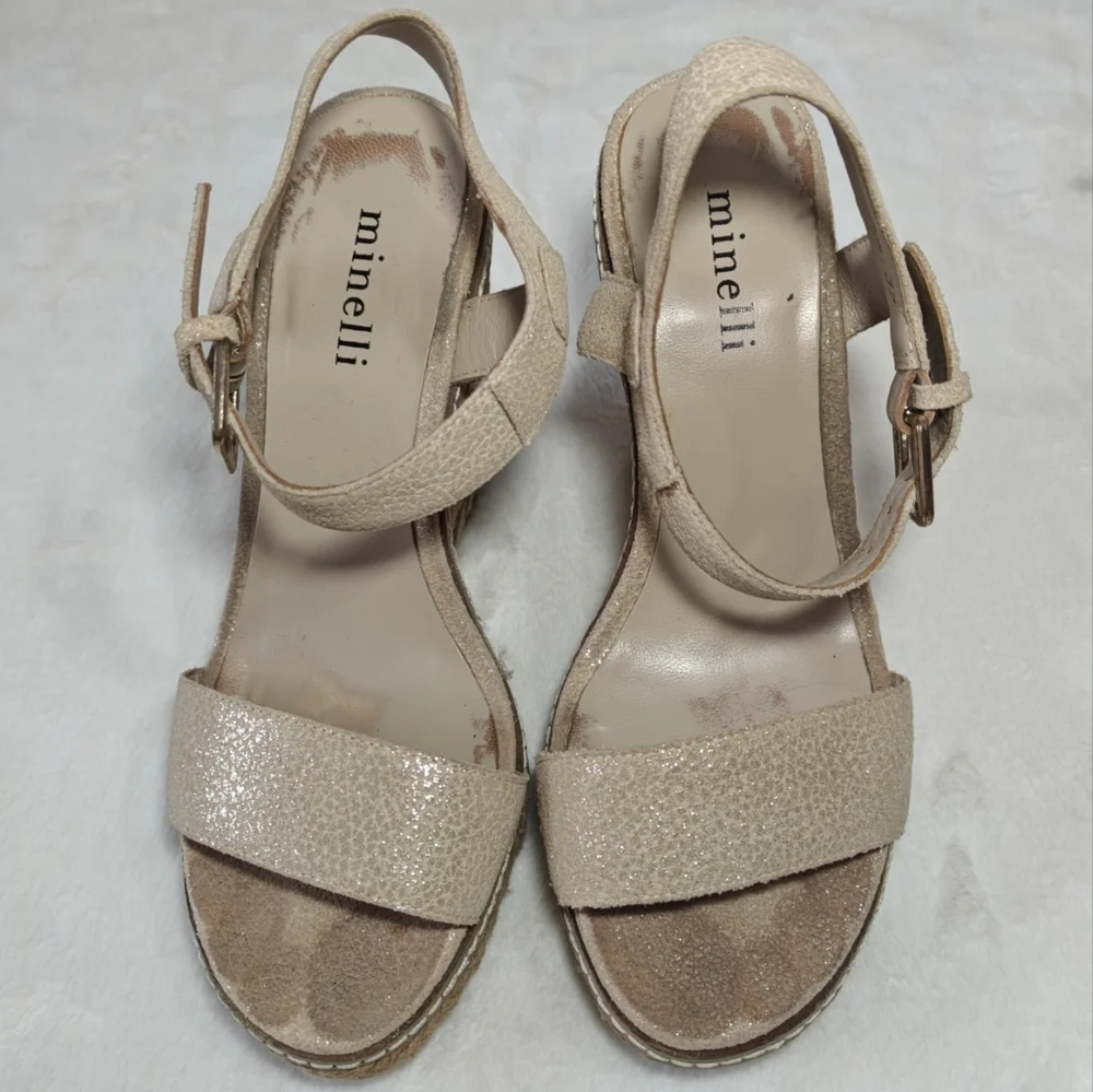 Minelli Italy‎ Women's Sz 37 Suede Glitter Sparkle Leather Platform Wedge Heels
